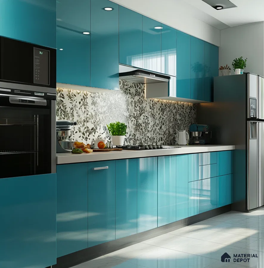 Vibrant Aqua Blue Glossy Solid Laminate Kitchen with Floral Backsplash | Material Depot