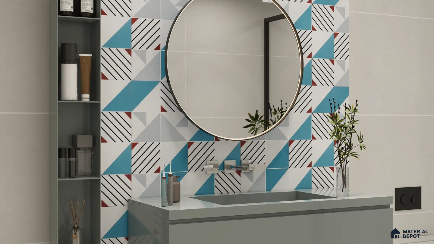 Vibrant Bathroom with Geometric Patterned Tiles | Material Depot