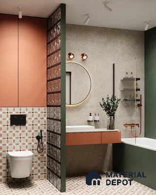 Vibrant Geometric Charm: Playful Modern Bathroom with Contrasting Textures and Bold Color Accents | Material Depot