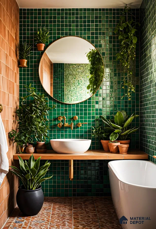 Vibrant Green Mosaic Tiles with Earthy Terracotta Floor in a Nature-Inspired Bathroom | Material Depot