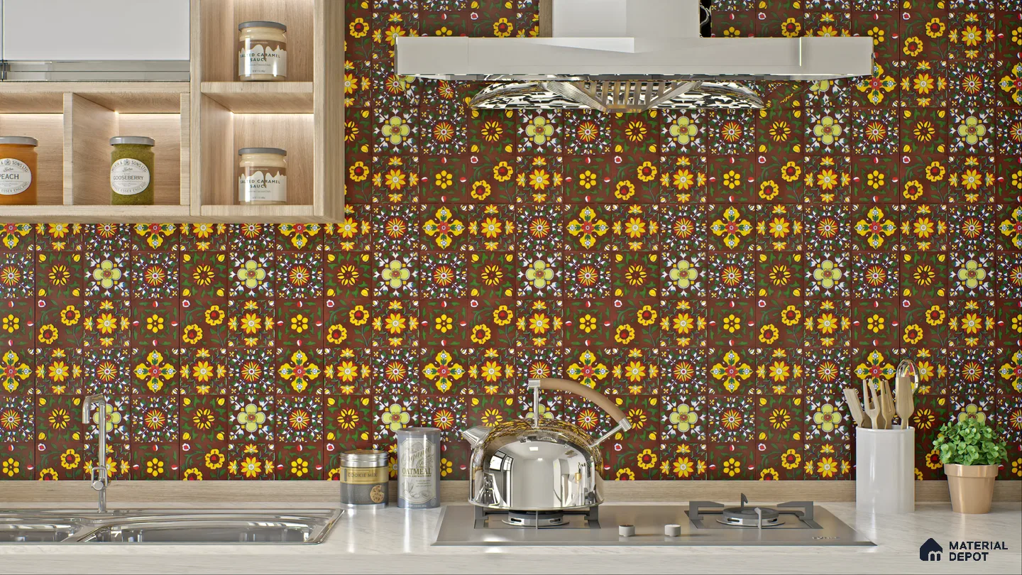 Vibrant Kitchen Backsplash with Floral Pattern | Material Depot