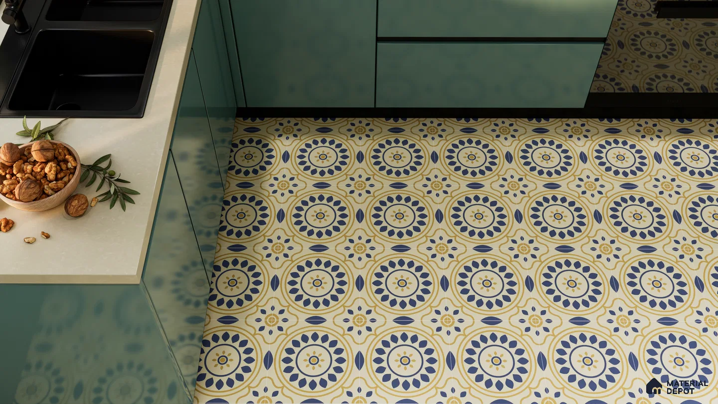 Vibrant Kitchen Flooring with Blue and Yellow Moroccan Tiles | Material Depot