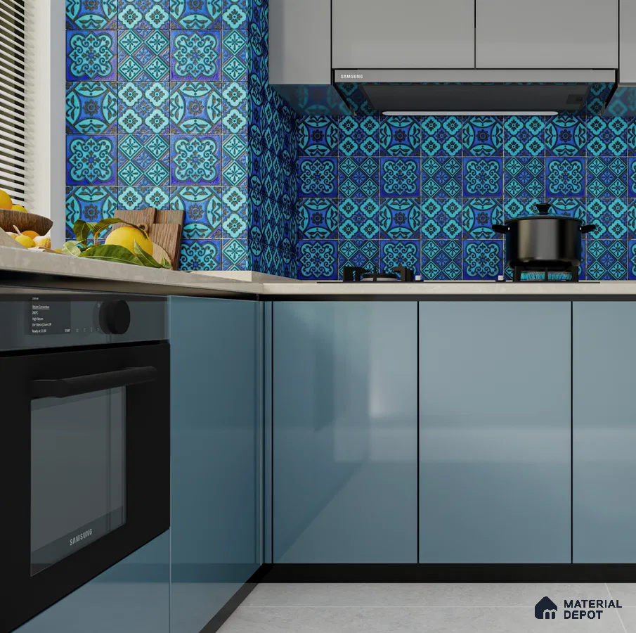 Vibrant Kitchen with Blue Cabinets and Moroccan-Style Backsplash | Material Depot