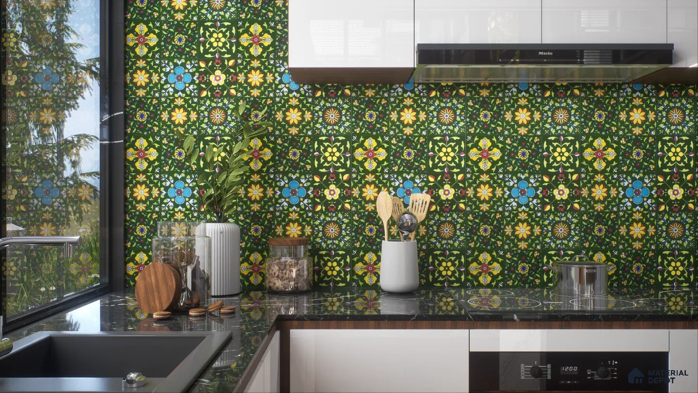 Vibrant Kitchen with Floral Patterned Tiles | Material Depot