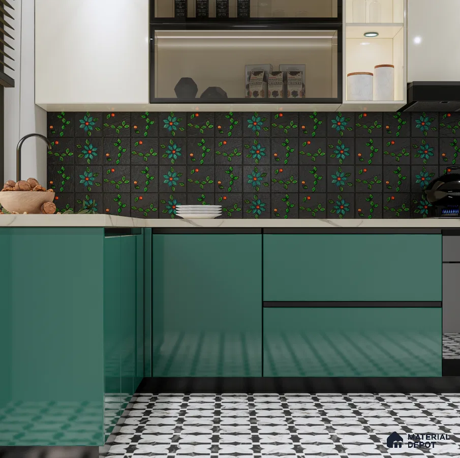 Vibrant Kitchen with Green Cabinets and Floral Patterned Backsplash | Material Depot