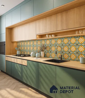 Vibrant kitchen with patterned backsplash in 3bhk apartment in Durga Petals Marathahalli Bengaluru | Material Depot