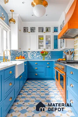 Vibrant Mediterranean Kitchen with Blue and Orange Accents | Material Depot