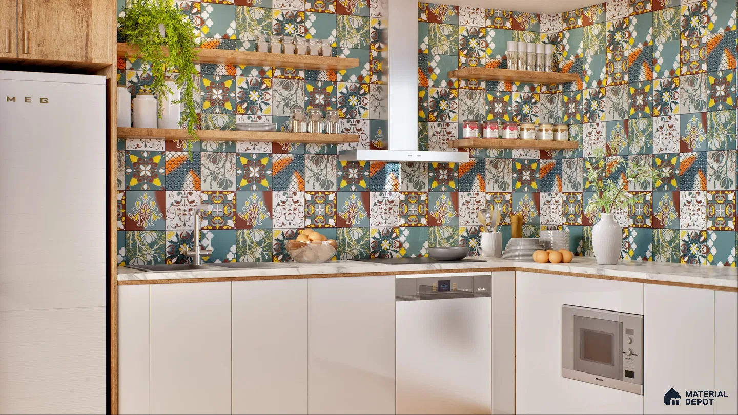 Vibrant Mediterranean-Inspired Kitchen with Patterned Tiles | Material Depot