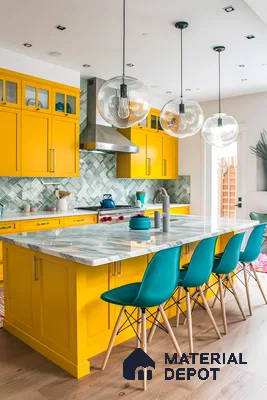 Vibrant Modern Kitchen With Yellow Cabinets And Marble Countertop | Material Depot