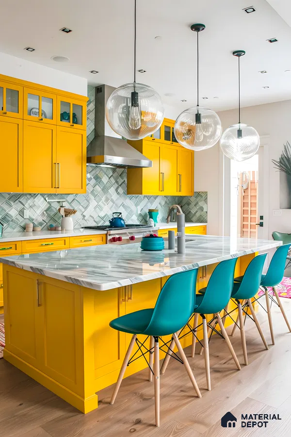 Vibrant Modern Kitchen With Yellow Cabinets And Marble Countertop | Material Depot