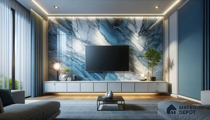 Vibrant Modern Lounge with Striking Marble Wall and Soft Lighting | Material Depot