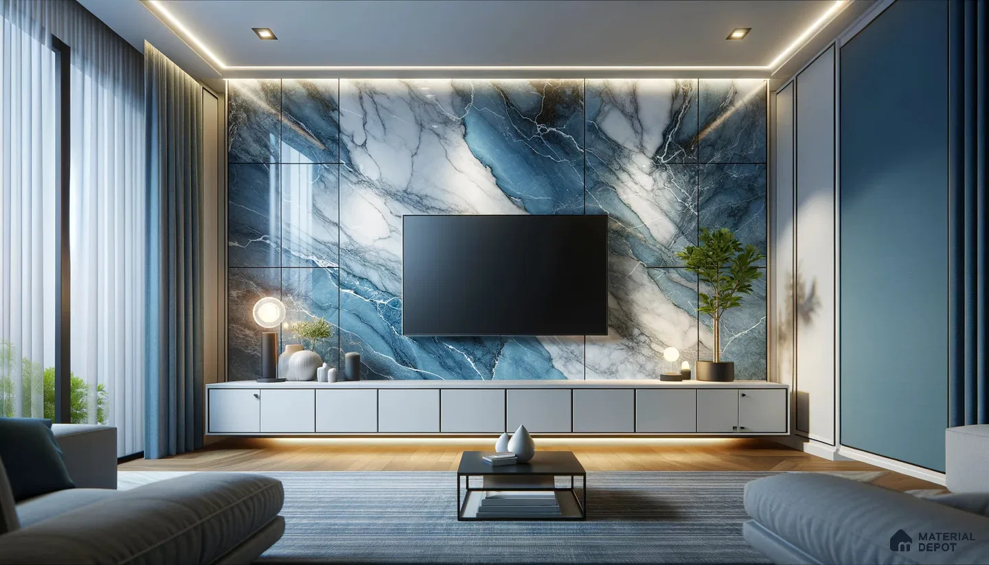 Vibrant Modern Lounge with Striking Marble Wall and Soft Lighting | Material Depot