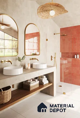 Vibrant Pink Tile Bathroom with Golden Accents and Natural Wood Elements | Material Depot