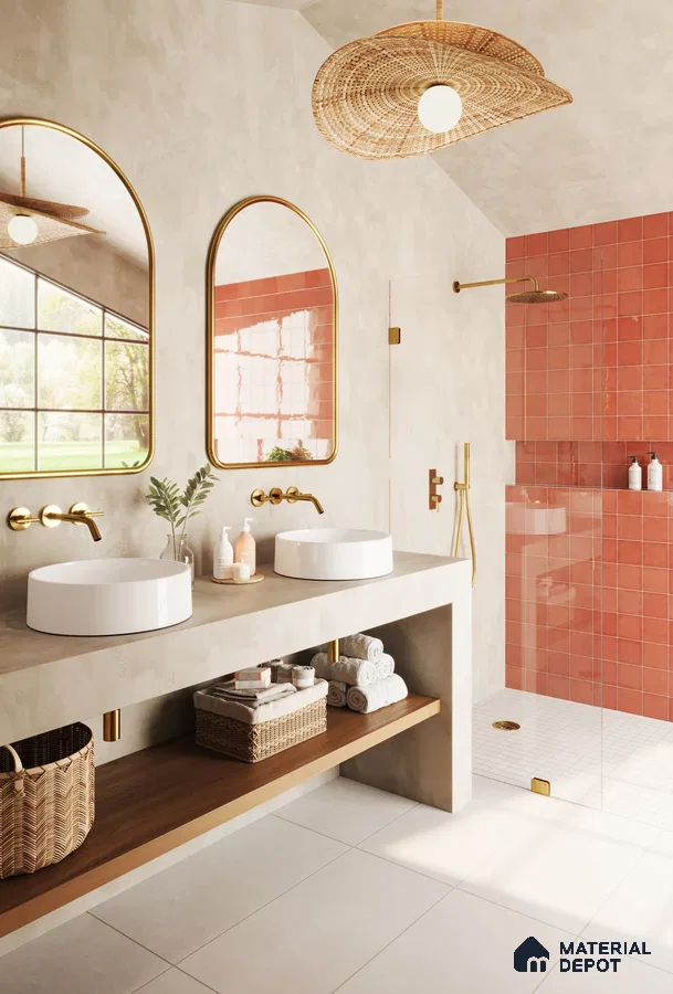 Vibrant Pink Tile Bathroom with Golden Accents and Natural Wood Elements | Material Depot
