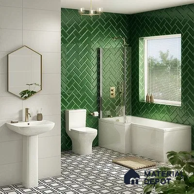 Vibrant Sanctuary: Refreshing Green Herringbone Tiles in a Bright and Airy Bathroom | Material Depot