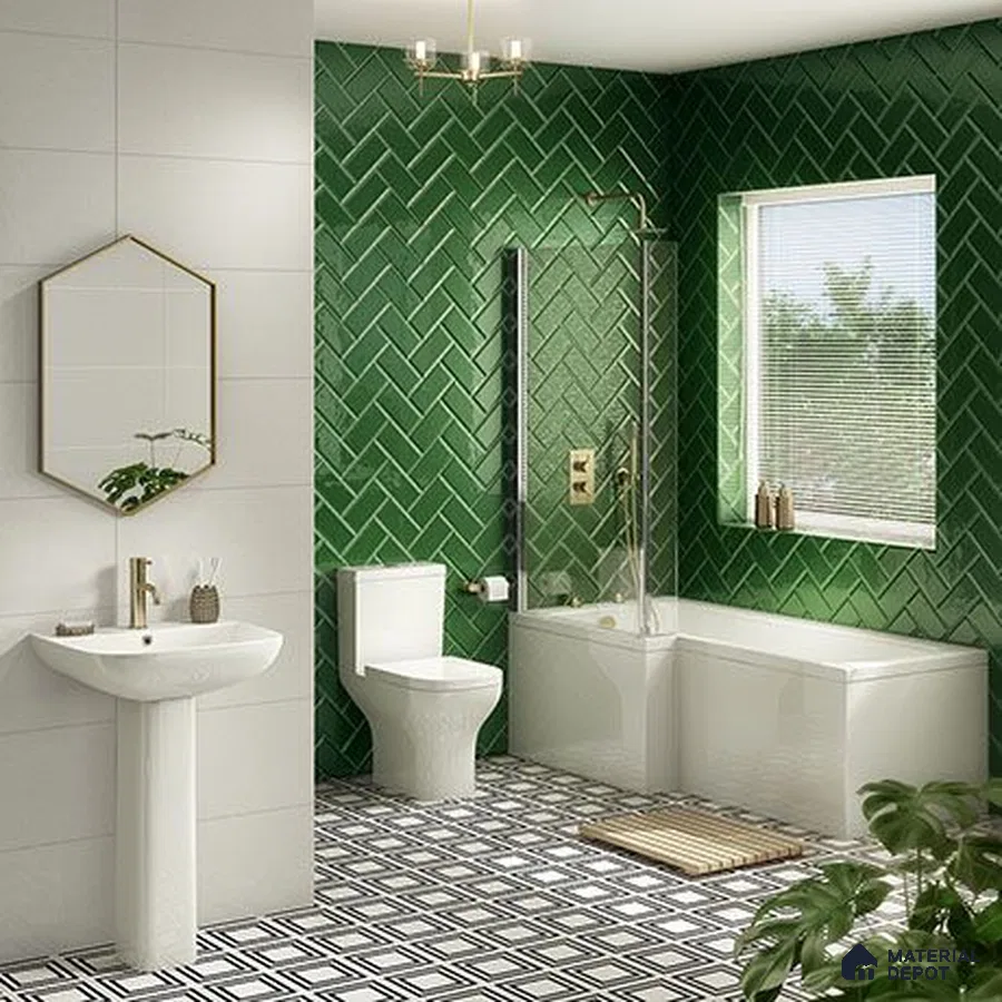 Vibrant Sanctuary: Refreshing Green Herringbone Tiles in a Bright and Airy Bathroom | Material Depot