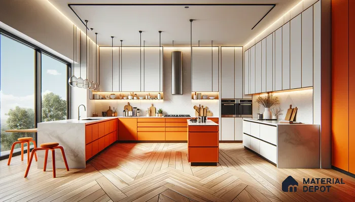 Vibrant Tangerine Accents Illuminate a Crisp, Modern Kitchen Space | Material Depot