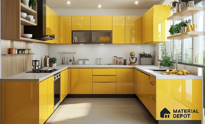 Vibrant Yellow Glossy Solid Laminate Kitchen with Open Shelving Design | Material Depot