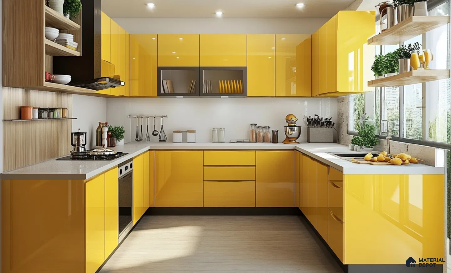 Vibrant Yellow Glossy Solid Laminate Kitchen with Open Shelving Design | Material Depot