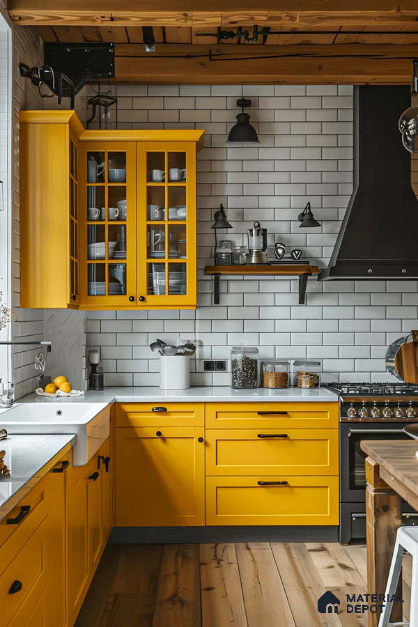 Vibrant Yellow Kitchen with White Subway Tiles | Material Depot