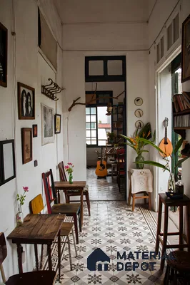 Vintage Cafe Interior with Patterned Floor Tiles | Material Depot