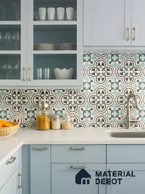 Vintage Coastal Kitchen With Powder Blue Cabinets And Patterned Moroccan Tile Backsplash | Material Depot