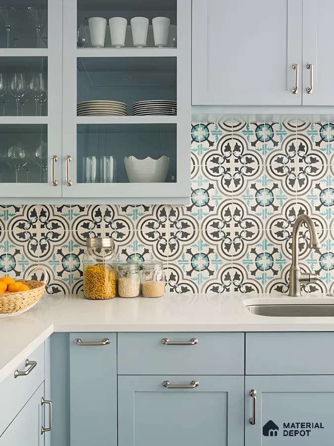 Vintage Coastal Kitchen With Powder Blue Cabinets And Patterned Moroccan Tile Backsplash | Material Depot