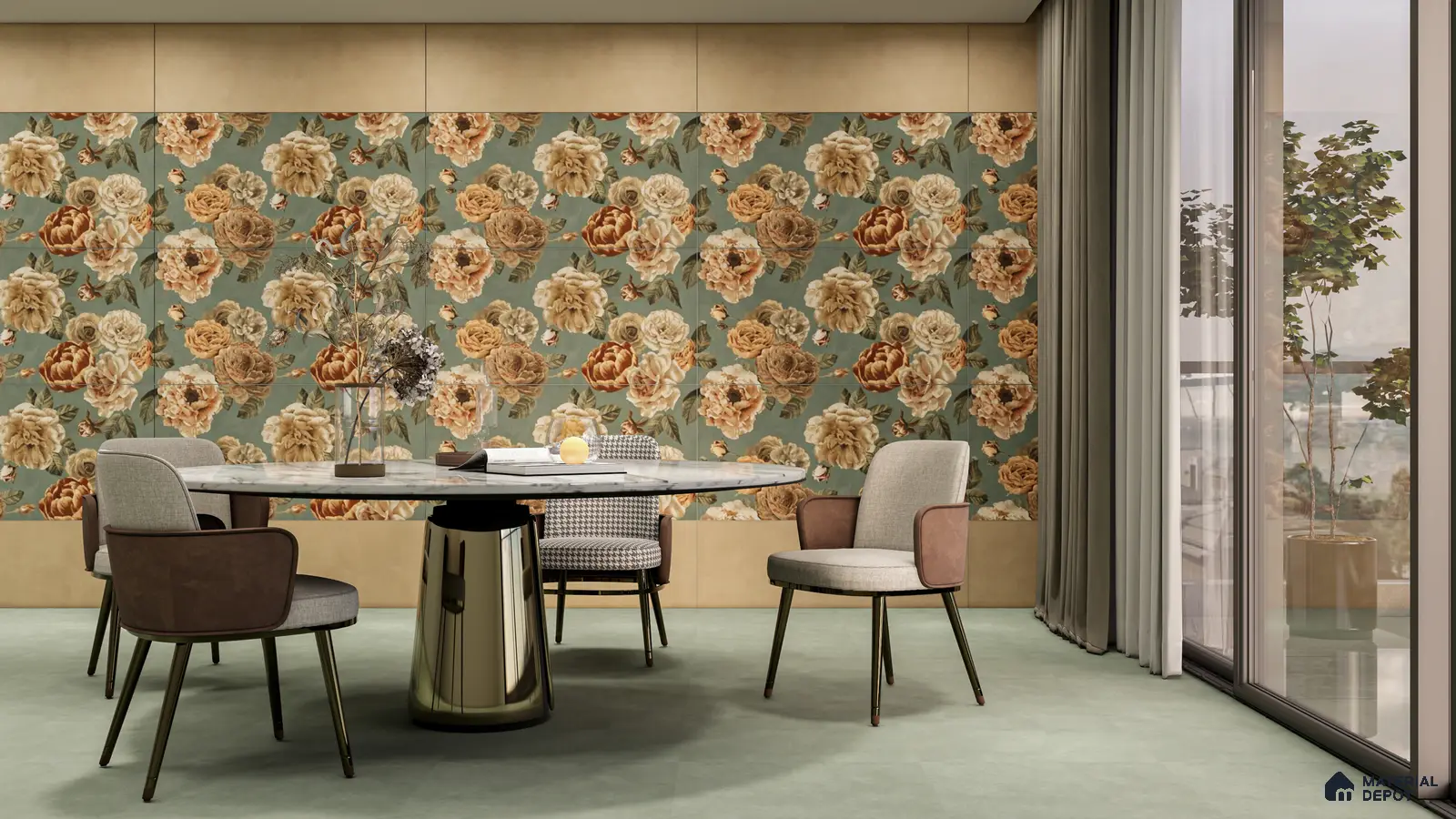 Vintage Floral Statement Wall in a Modern Dining Room | Material Depot