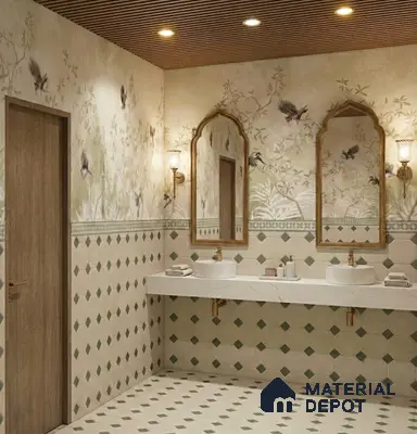 Vintage Floral Wallpaper Bathroom with Sage Diamond Tiles and Arched Mirrors