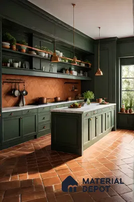 Vintage kitchen with deep green cabinetry, terracotta tiles, and copper accents for a cozy ambiance. | Material Depot