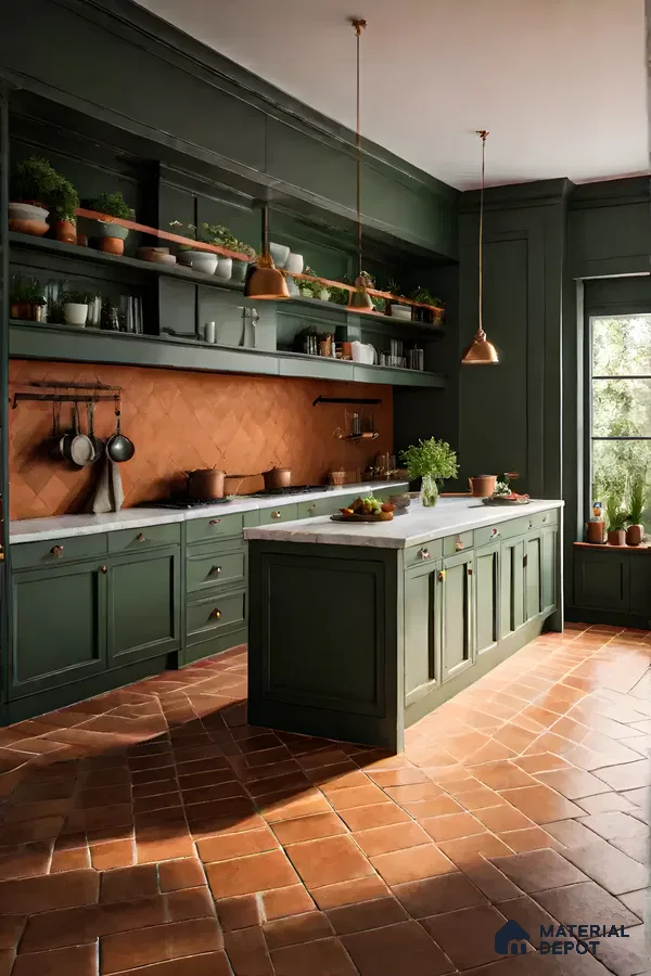 Vintage kitchen with deep green cabinetry, terracotta tiles, and copper accents for a cozy ambiance. | Material Depot