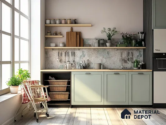 Vintage-Inspired Light-Filled Kitchen with Mint Cabinets and Rustic Shelving | Material Depot