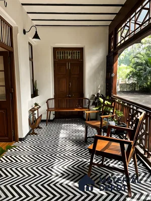 Vintage-Inspired Verandah with Black and White Herringbone Tiles | Material Depot