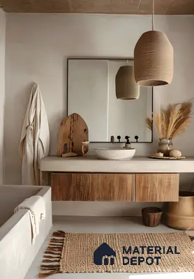 Wabi-Sabi Bathroom: Concrete Finishes And Natural Wood Vanity | Material Depot