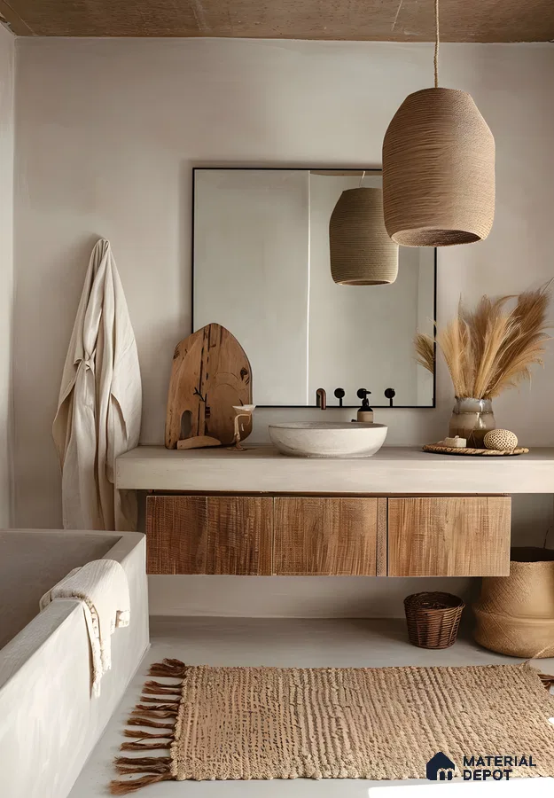 Wabi-Sabi Bathroom: Concrete Finishes And Natural Wood Vanity | Material Depot