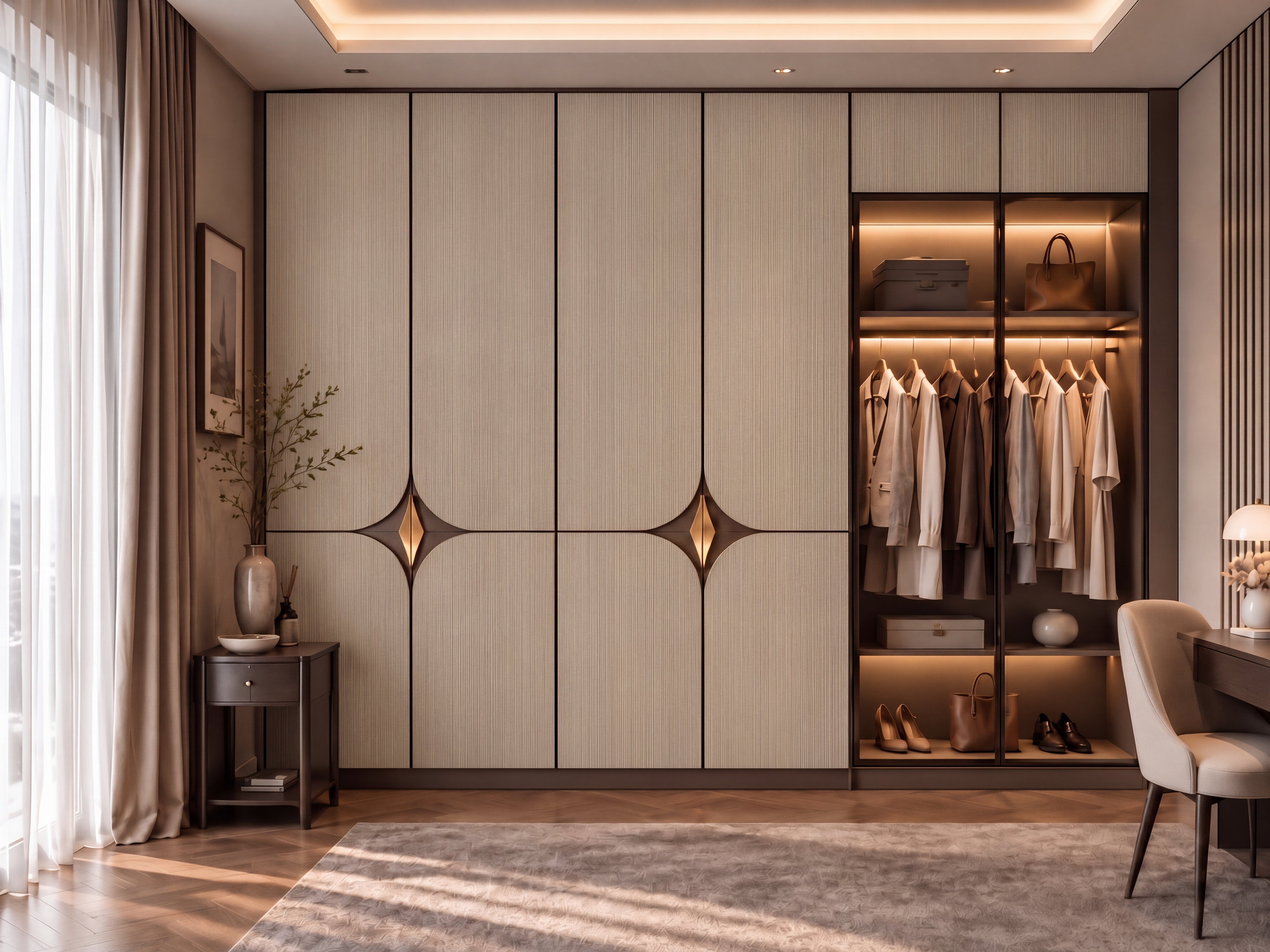 Walk-in Wardrobe with Pale Cream Micro Line Texture Laminate