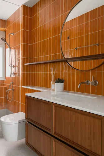 Brown Earthy Glossy Subway Tile in the Bathroom Wall