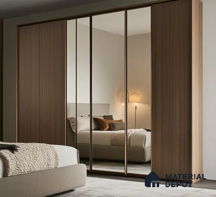 Walnut and Mirror Laminate Wardrobe with Sleek Design in Modern Bedroom | Material Depot