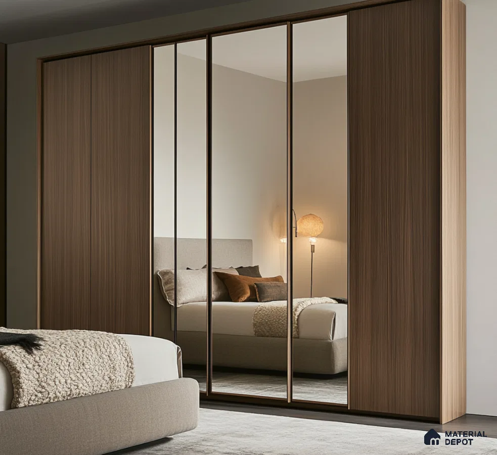 Walnut and Mirror Laminate Wardrobe with Sleek Design in Modern Bedroom | Material Depot