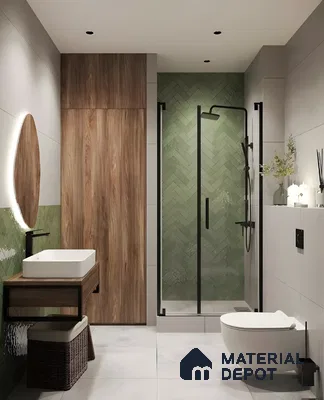 Walnut Vanity and Green Herringbone Tile Bathroom Design Brigade Orchards Devanahalli | Material Depot