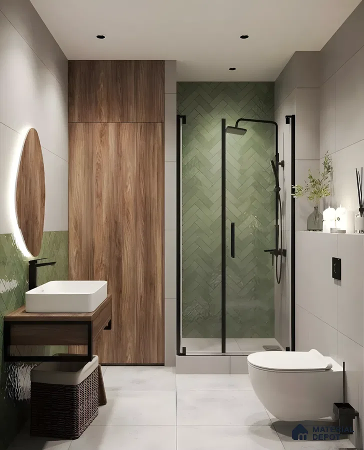 Walnut Vanity and Green Herringbone Tile Bathroom Design Brigade Orchards Devanahalli | Material Depot