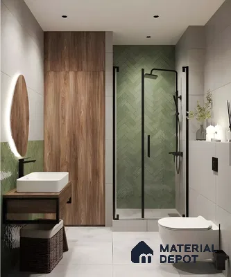 Walnut Vanity and Green Herringbone Tile Bathroom Design Sobha Sentosa Panathur Road | Material Depot