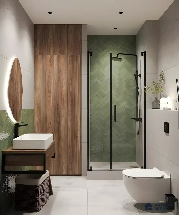 Walnut Vanity and Green Herringbone Tile Bathroom Design Sobha Sentosa Panathur Road | Material Depot
