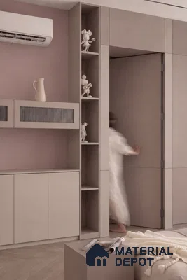 Wardrobe with Greige Matte Laminate and Fluted Glass Cabinet in a Mauve Bedroom