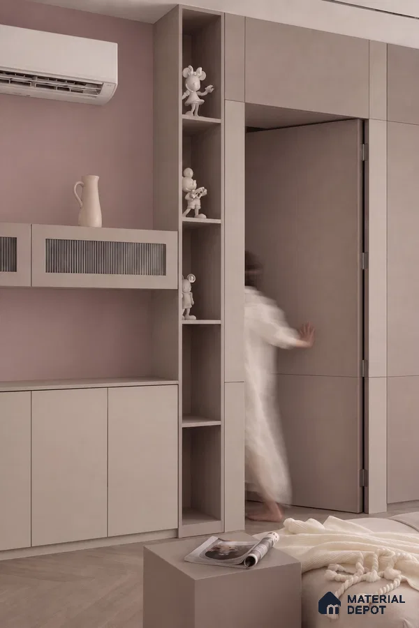 Wardrobe with Greige Matte Laminate and Fluted Glass Cabinet in a Mauve Bedroom