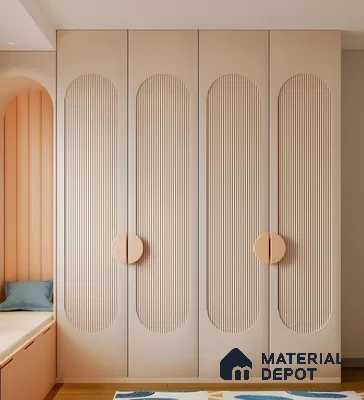 Wardrobe With Soft Peach Tones, Arched Fluted Panels, And Oversized Circular Handles | Material Depot