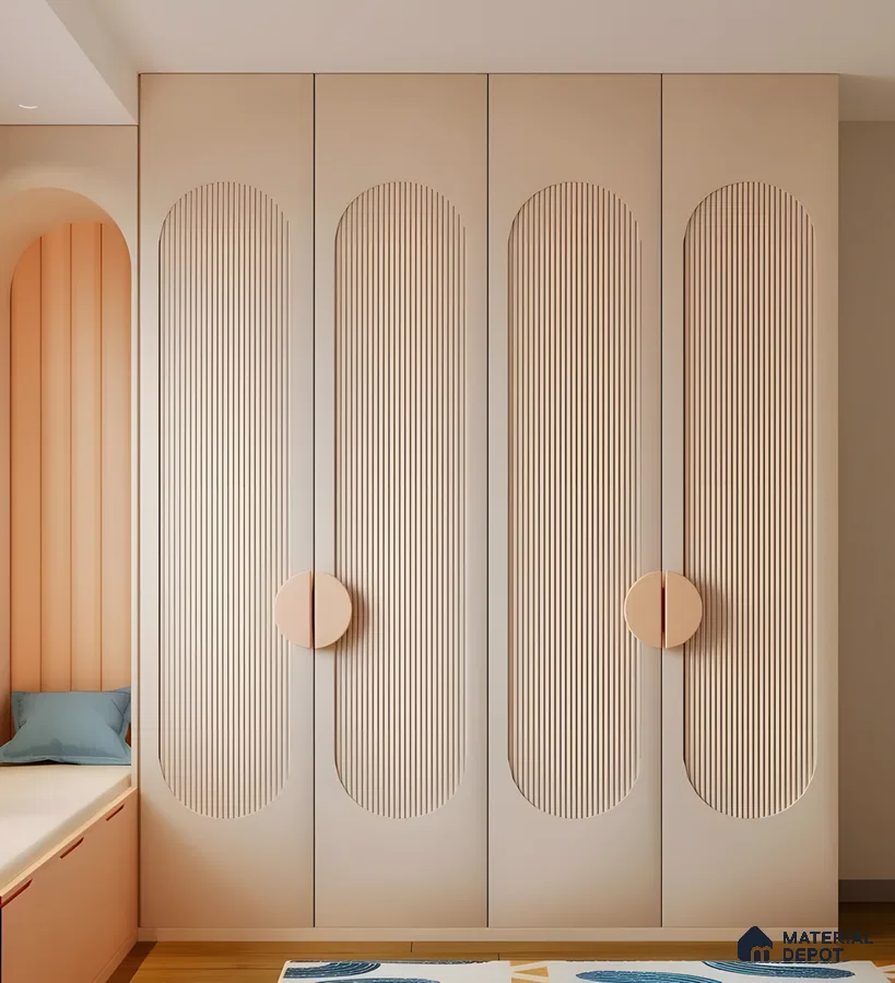 Wardrobe With Soft Peach Tones, Arched Fluted Panels, And Oversized Circular Handles | Material Depot