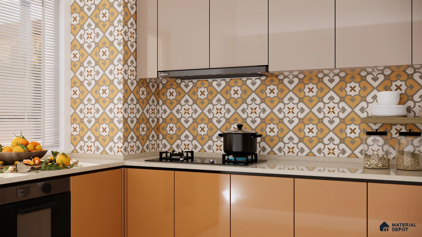 Warm & Inviting Kitchen with Heart Motif Patterned Tiles | Material Depot