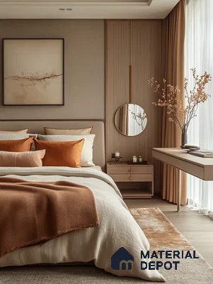 Warm and Elegant Bedroom Design with Textured Walls and Fabric Accents Prestige Glenbrook Whitefield | Material Depot