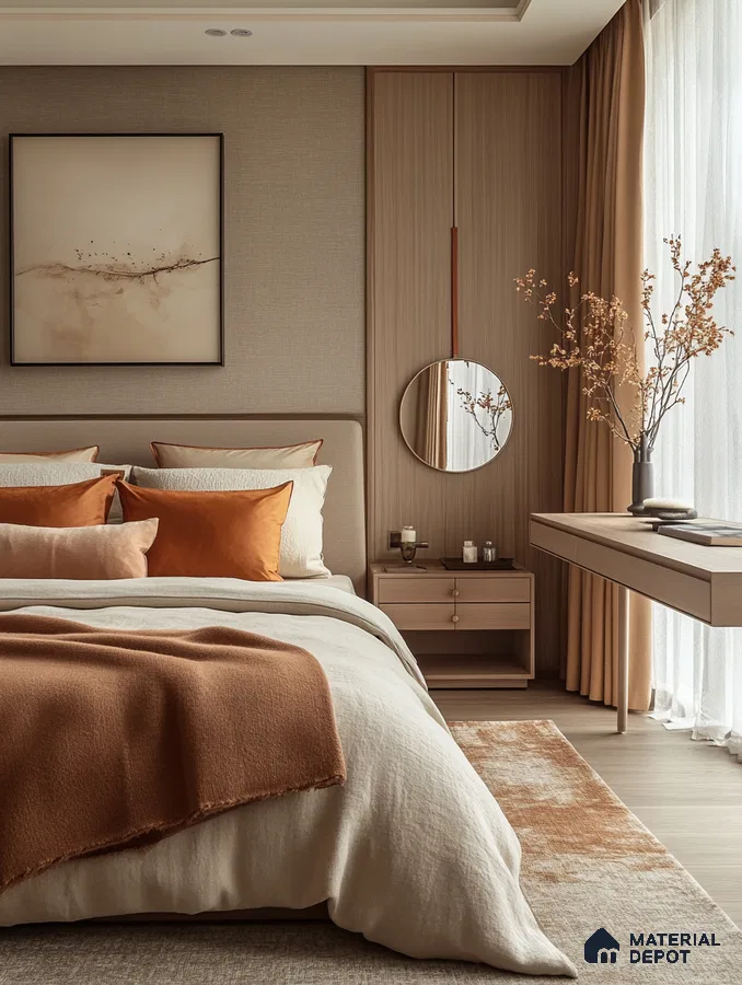 Warm and Elegant Bedroom Design with Textured Walls and Fabric Accents Prestige Glenbrook Whitefield | Material Depot